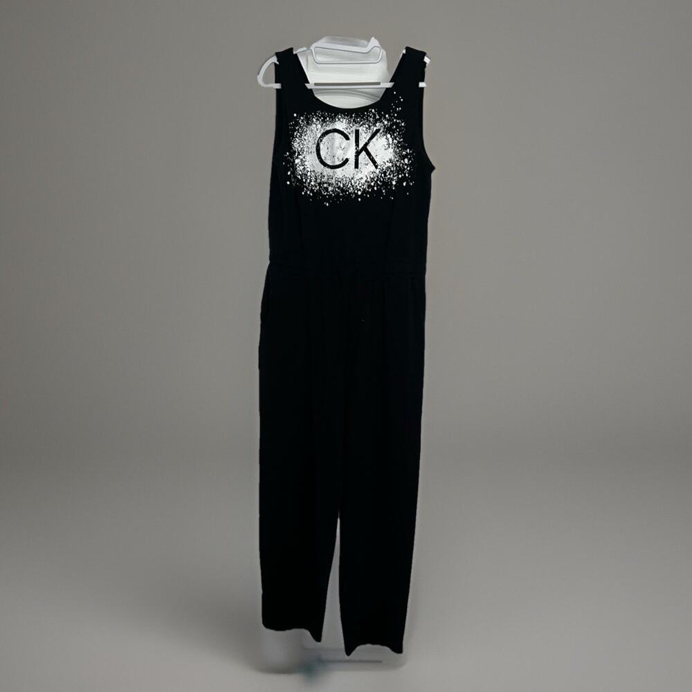 Calvin Klein Sleeveless Black White Logo Jumpsuit Womens Size Large W/Drawstring
